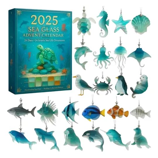 Discover Sea Glass Advent Calendar 2025, Christmas Decorations Gifts 2D Seahorse Whale
