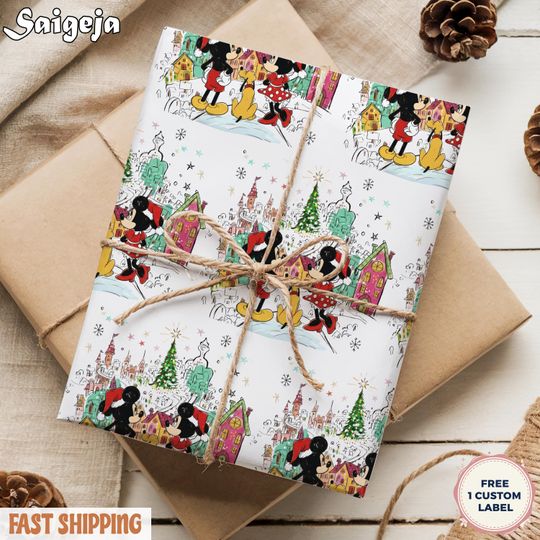 Discover Disney Mickey and Friends Wrapping Paper, Vintage Christmas Movie Holiday Gift, Wrap Kids Mickey Minnie Pluto Disney Christmas Gifts