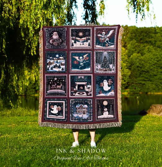 Discover Cozy Witchy Christmas Woven Blanket, Retro Scandi Skeleton Jacquard, Festive Winter Cottagecore Ghost Decor