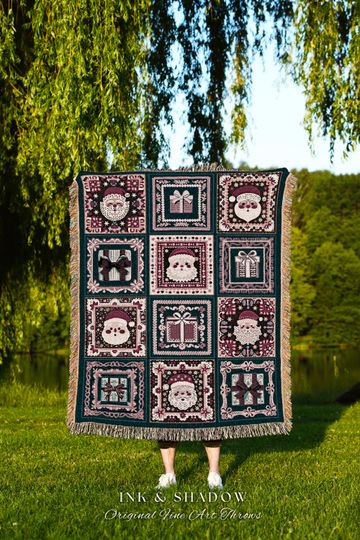 Discover Victorian Santa Claus Woven Blanket - Retro Christmas Throw with Checkered Tapestry Design