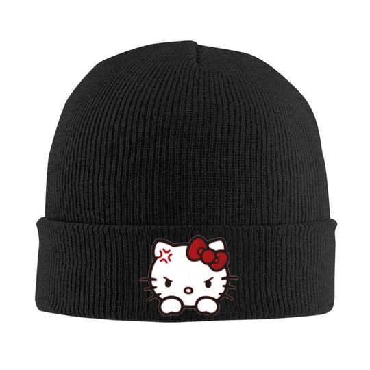 Angry Expression Hello Kitty Print Beanie Hat Men Women Knitted Casual Cap Autumn Winter