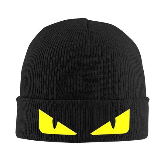 Evil Yellow Eyes Knit Beanie Cap for Streetwear, Winter Warm Soft Printed Bonnet for Male Female