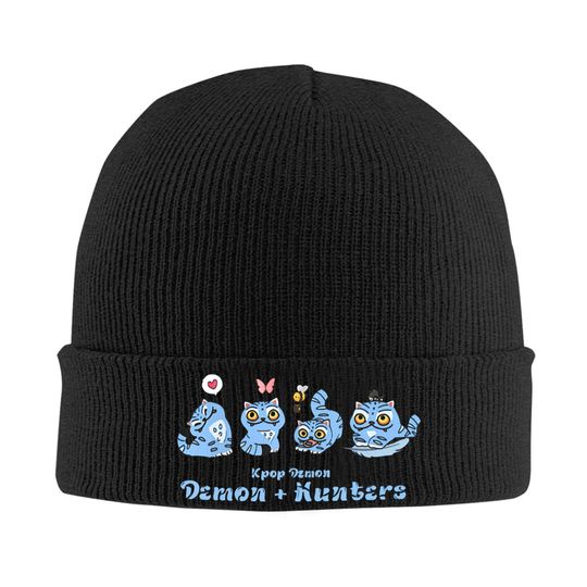 Funny Blue Cat Knit Beanie with Movie and Music Prints, Unisex Outdoor Sport Cap