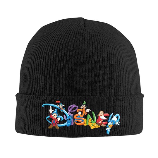 Men Women Printed Knit Beanie with Mickey and Friends Square Sticker, Winter Knitted Cap
