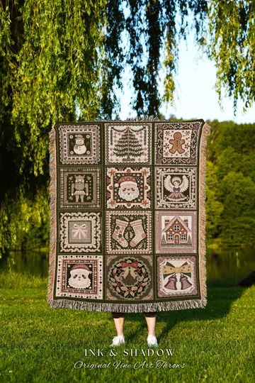 Discover Scandi Folk Art Christmas Woven Blanket Nordic Style Cottagecore Pastel Tapestry Throw