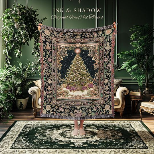 Discover Enchanted Golden Tree Woven Blanket | Rustic Holiday Bedspread for Cozy Winter Decor
