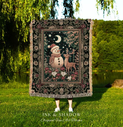 Discover Starlit Snowman Woven Blanket - Cozy Holiday Reindeer Tapestry for Winter Decor