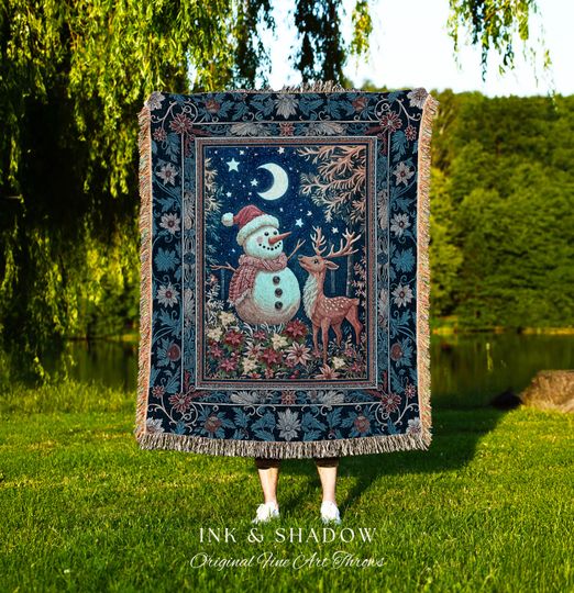 Nostalgic Snowman Winter Woven Blanket, Cozy Nordic Folk Art Holiday Throw, Xmas Decor, Rustic Christmas Gift