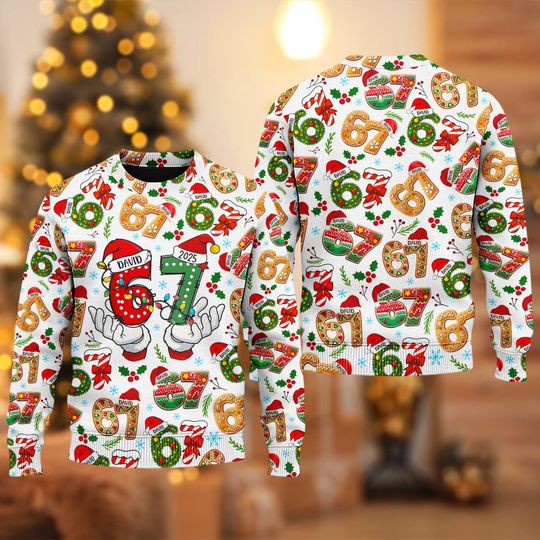 Discover Six Seven Santa Hat Ugly Christmas Sweater, Funny 67 Meme Viral Xmas Sweatshirt, 6 7 With Christmas Light Christmas Gift for Men Women