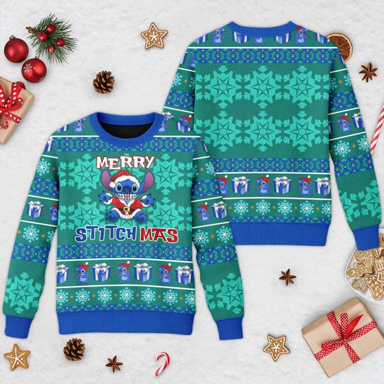 Merry Stitchmas Ugly Christmas Sweater, Funny Blue Alien Dog Xmas Sweatshirt