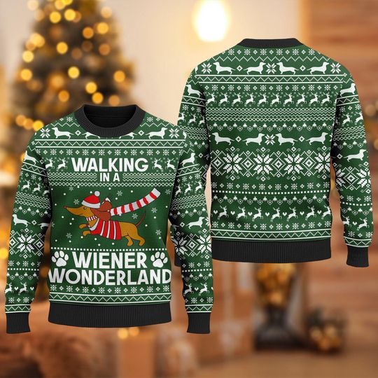 Dachshund Ugly Christmas Sweater, Walking In A Wiener Wonderland Xmas Sweatshirt