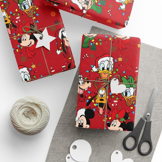 Discover Disney Christmas Wrapping Paper, Mickey Minnie Goofy Donald Pluto Gift Wrap Roll, Green Red Holiday Wrapping Sheets, Cute Disney Xmas Decor
