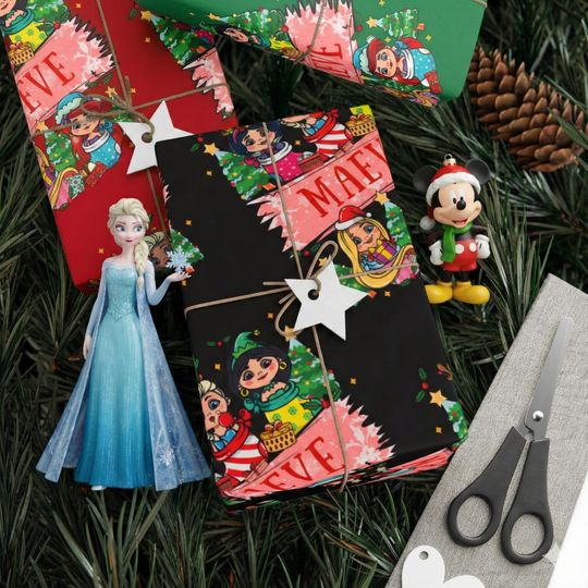 Discover Personalized Disney Princess Christmas Wrapping Paper, Custom Frozen Elsa Anna Jasmine Gift Wrap, Snow White Wrapping Sheets for Girls