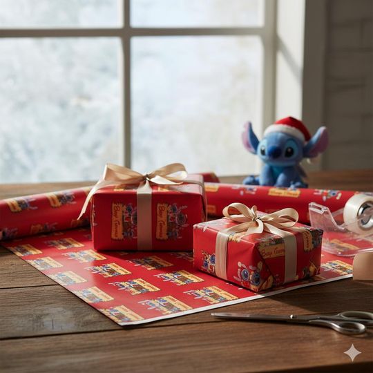 Discover Custom Stitch Christmas Wrapping Paper  Personalized Kids Gift Wrap  Disney Style Gift Wrap  Red Xmas Wrapping Sheet
