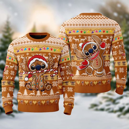 Discover Stitch Gingerbread Ugly Christmas Sweater, All Over Printed Lilo And Stitch Xmas Sweatshirt, Happy Holidays Stitch Ugly Christmas Sweater