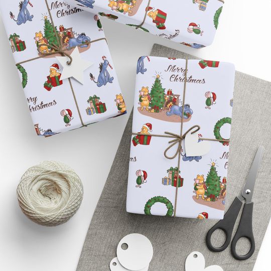 Wrapping Paper Set Classic Winnie the Pooh Merry Christmas with Pooh, Piglet, Eeyore, and Tigger, Holiday Gift Wrap, Festive Present Decor,
