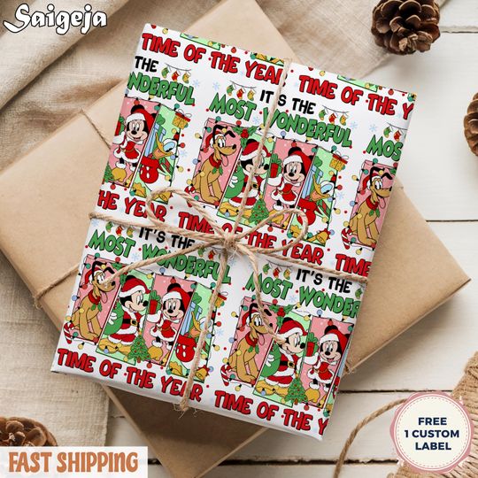 Discover Disney Mickey and Friends Wrapping Paper, Christmas Movie Holiday Gift, Wrap Kids Mickey Minnie Pluto Disney Christmas Gifts