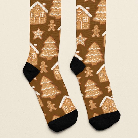 Discover Gingerbread Cookie Holiday Christmas Socks, Unisex One Size Fits Most Crew Length Novelty Socks
