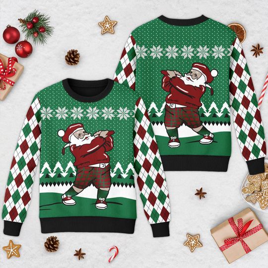 Discover Funny Santa Claus Plays Golf Ugly Christmas Sweater, Funny Santa Xmas Sweatshirt