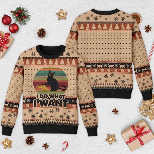 Retro Black Cat I Do What I Want Ugly Christmas Sweater, Black Cat Xmas Sweatshirt