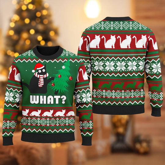 Discover Funny Black Cat Ugly Christmas Sweater, Cat Christmas Sweatshirt, Cute Cat Pet Xmas Holiday Party Shirt