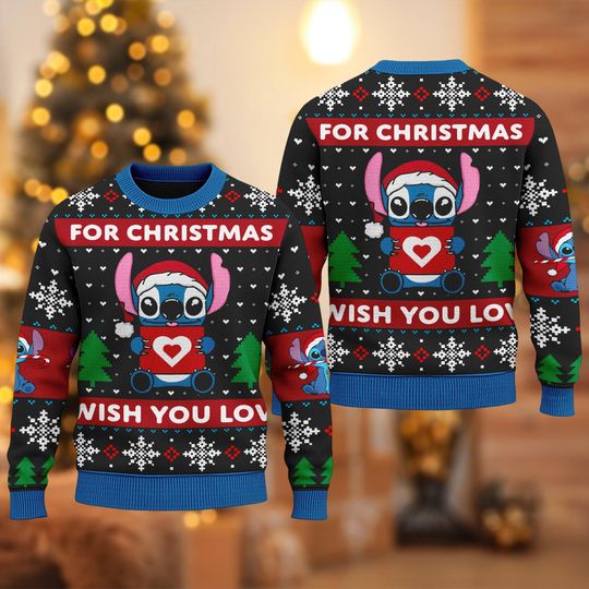 Discover Disney Stitch Ugly Christmas Sweater, Stitch and Lilo For Christmas I Wish You Love Xmas Sweatshirt