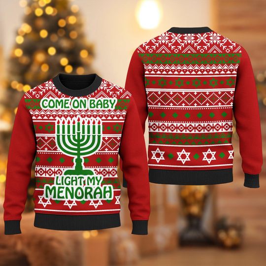 Discover Come On Baby Light My Menorah 3D T-shirt, Hanukkah Festival Ugly Christmas Sweater