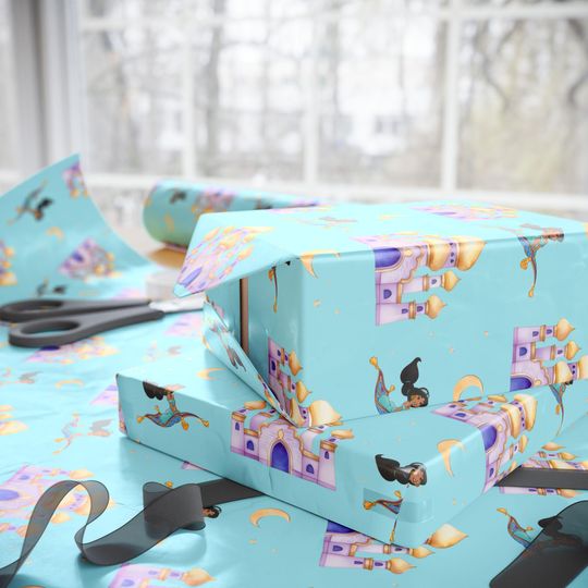 Discover Princess Jasmine Wrapping Paper | Aladdin Gift Wrap | Disney Princess Birthday Paper | Teal & Gold Magic Carpet Theme | Arabian Nights Party