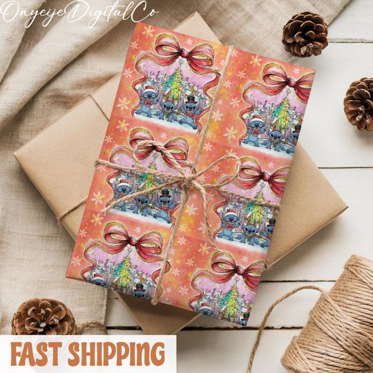 Discover Coquette Bow Stitch Christmas Wrapping Paper   Vintage Disney Xmas Gift Wrap for Kids