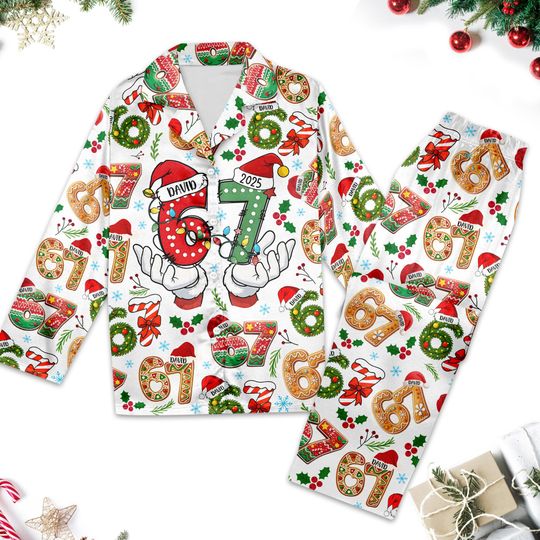 Discover Six Seven Santa Hat Christmas Pajamas, Funny 67 Pajamas Set Women, 67 Viral Pajamas Matching, 67 Meme Xmas Holiday Party, 67 Pajamas Gift
