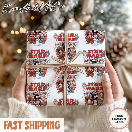 Discover Retro Disney Mickey and Friends Christmas Movie Galaxy War Wrapping Paper, Disneyland Galaxy Gift Wrap