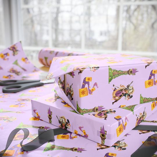 Discover Rapunzel Wrapping Paper | Tangled Disney Princess Gift Wrap | Purple Birthday Paper | Lanterns & Long Hair Design | Fairytale Party Decor