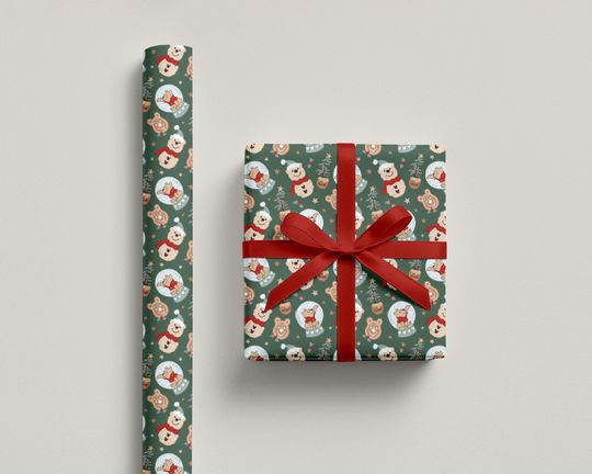 Discover Winnie Christmas Wrapping Paper Cute Holiday Gift Wrap with Snow Globes, Cookies & Hunny Jars