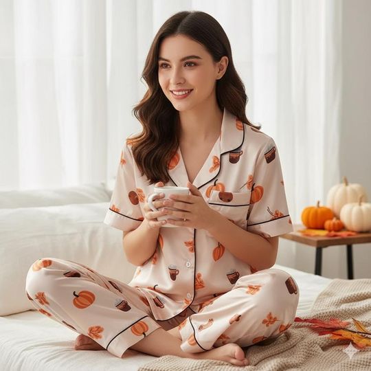 Cozy Fall Aesthetic Satin Pajamas Set, Cozy Fall Pumpkin Spice Latte Pajamas, Halloween Pjs, Cozy Season Pjs, Autumn Pajamas, Fall Pajamas