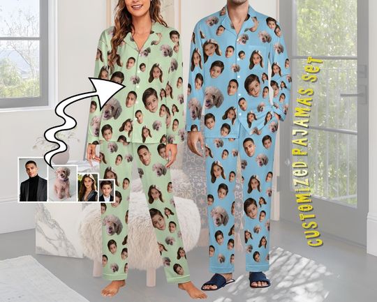 Custom Face Pajama Set,Christmas Pajamas,Personalized Photo Pajamas,Men Women Pajamas Bridal Party Birthday Anniversary Day Gifts,dog gifts