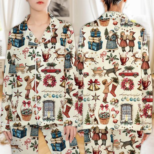 Discover Retro Christmas Vibes Pajamas Set for Women, Collage Christmas Tree Pajamas, Preppy Bow Santa Pajamas, Holiday Loungewear Gift