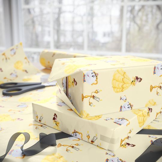 Discover Belle Wrapping Paper | Beauty and the Beast Gift Wrap with Teacup & Candle | Yellow Princess Birthday Paper | Enchanted Rose Party Decor