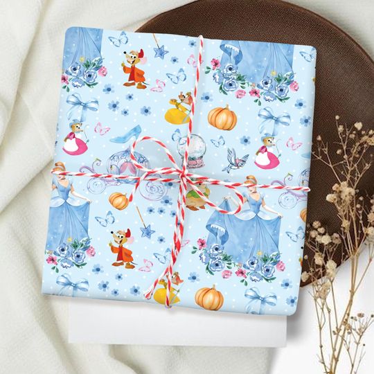 Discover Disney Princess Floral Watercolor Cinde Gus Jaq Mouse Wraping Papper, Cute Cinde Gift Wrap, Disney Christmas Gift Wrap