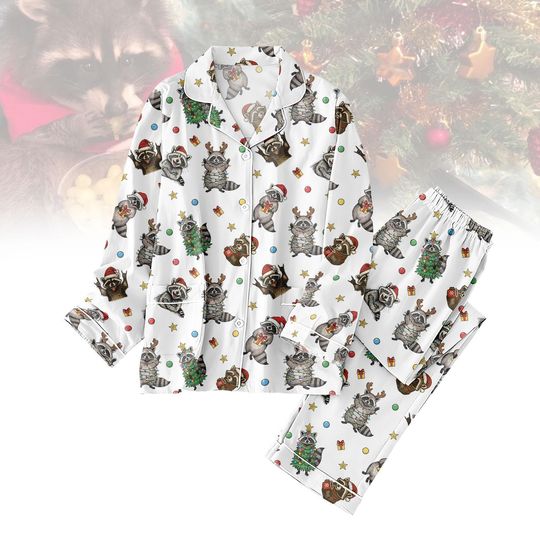 Raccoon Christmas Pajamas Set, Cute Holiday PJs for Adults & Kids, Festive Family Matching Sleepwear, Cozy Xmas Gift Outfit
