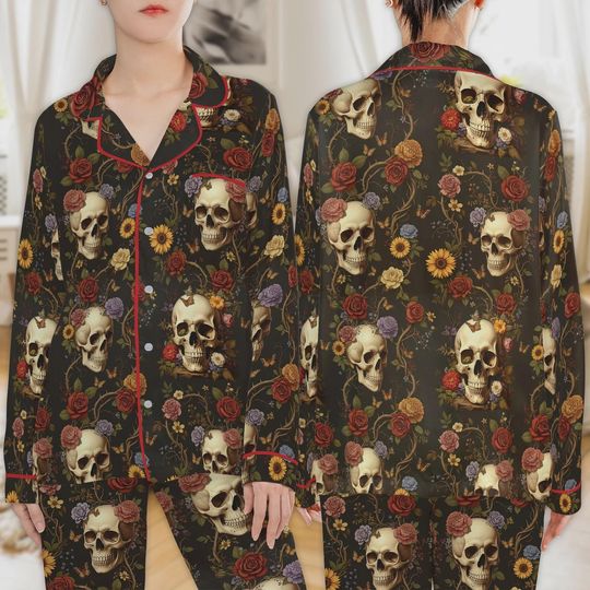 Discover Floral Skull All-over Print Satin Pajamas Set, Halloween Theme Pajama Set For Women