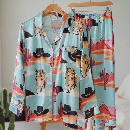 Sweet Cowgirl Satin Pajamas Set, Cowgirl Pajamas, Cowboots and Horse Pajamas, Western Pajamas, Cowboy Pajamas, Girly Matching Pajamas Set
