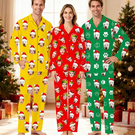 Discover Custom Christmas V-neck Matching Family Pjs Set: Personalized Funny Pet Face/Photo Pajamas
