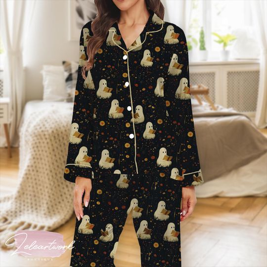 Discover Spooky Readers Pajama Set  Black Satin Halloween Sleepwear with Cute Ghosts Reading Books | Cozy Fall Loungewear for Women