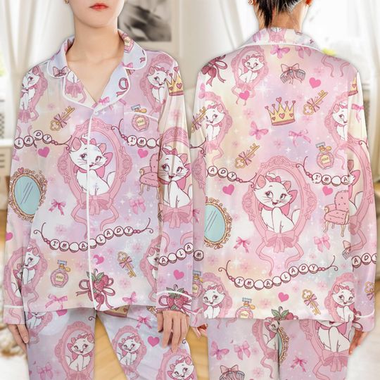 Coquette Bow Watercolor Marie Cat Pajamas, Disneyland Cat Women Pajama Set