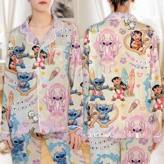 Retro Coquette Bows Lilo & Stitch Pajamas, Lilo Stitch Pajamas Christmas, Stitch And Angel Pajamas Set