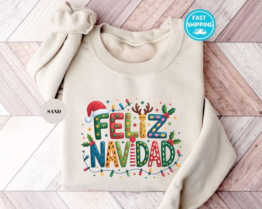 Feliz Navidad Sweatshirt, Spanish Merry Christmas with Xmas Lights, Mexican Christmas Holiday Apparel