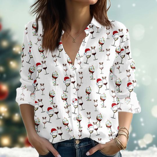 Discover Wine Glass Christmas Lighting Blouse Shirt, Wine Red Linen-Look Shirt, Santa Hat Reindeer Women Shirt, Xmas Party Button Shirt For Her