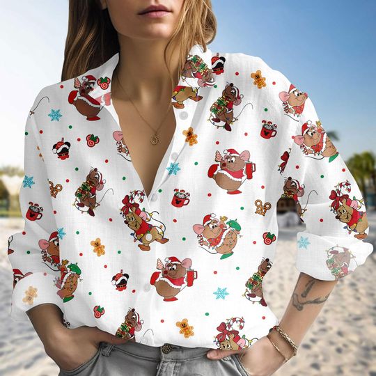 Discover Disney Gus Gus Christmas Blouse Shirt, Disneyland Christmas Trip Linen-Look Shirt, Cinde Jaq and Gus Xmas Blouse Women Shirt