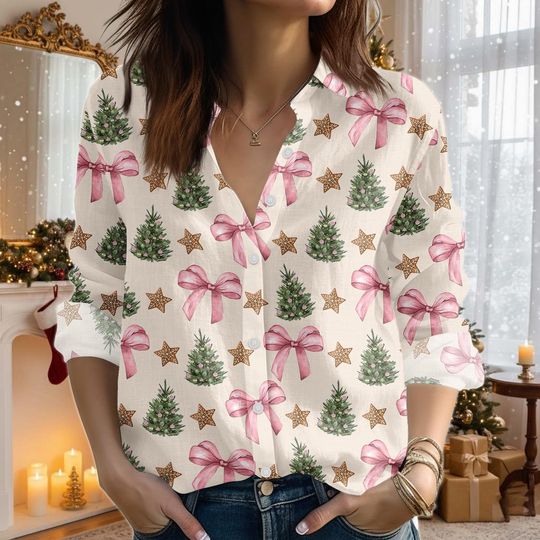 Discover Christmas Tree Blouse Shirt, Pink Coquette Casual Shirt, Pink Bow Xmas Shirt, Christmas Xmas Gift, Gift For Women