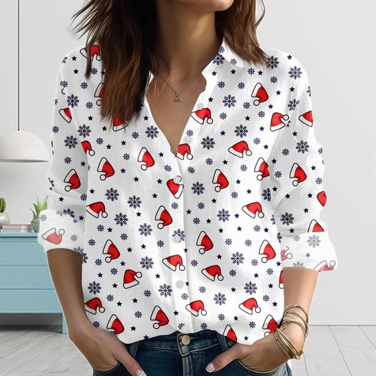 Discover Santa Hat Christmas Blouse Women Shirt, White Holiday Blouse Top, Festive Snowflake Button Shirt, Xmas Gift For Her, Xmas Gift